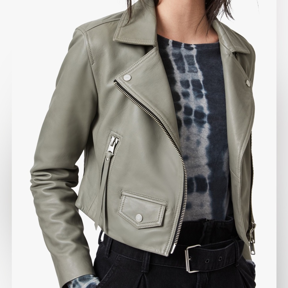 All Saints Elora Sage Gray 100% Lamb Leather Cropped Biker Jacket Size 6